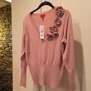 Elle Misty Rose V-Neck Sweater Pink Women's XL 3D Flower Detail Fitted Feminine